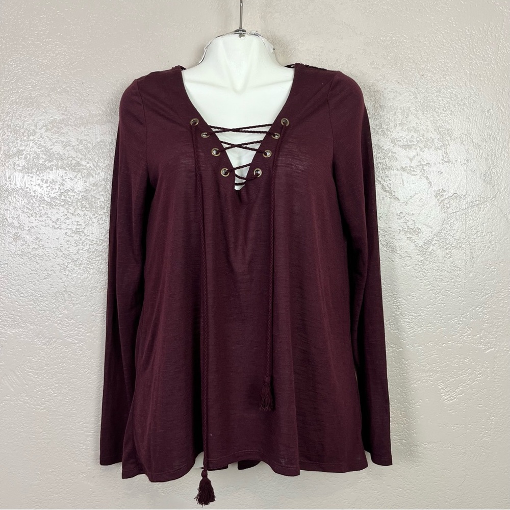 Coco + Jaimeson Womens Top Burgundy Crochet Long Sleeves Polyester XL